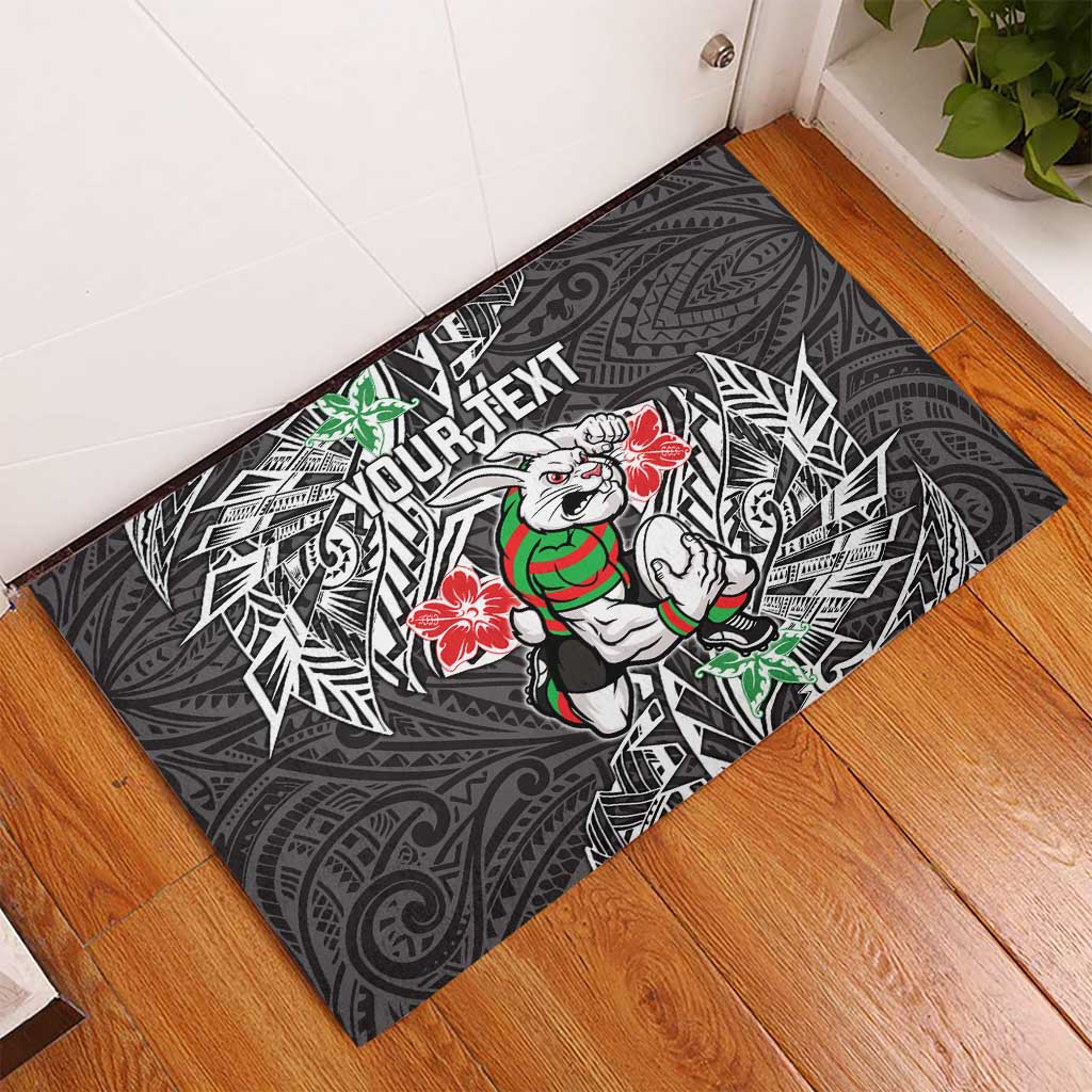 Personalised South Sydney Rabbitohs Rubber Doormat Polynesian Tribal Pattern With Rugby Rabbit Mascot Art