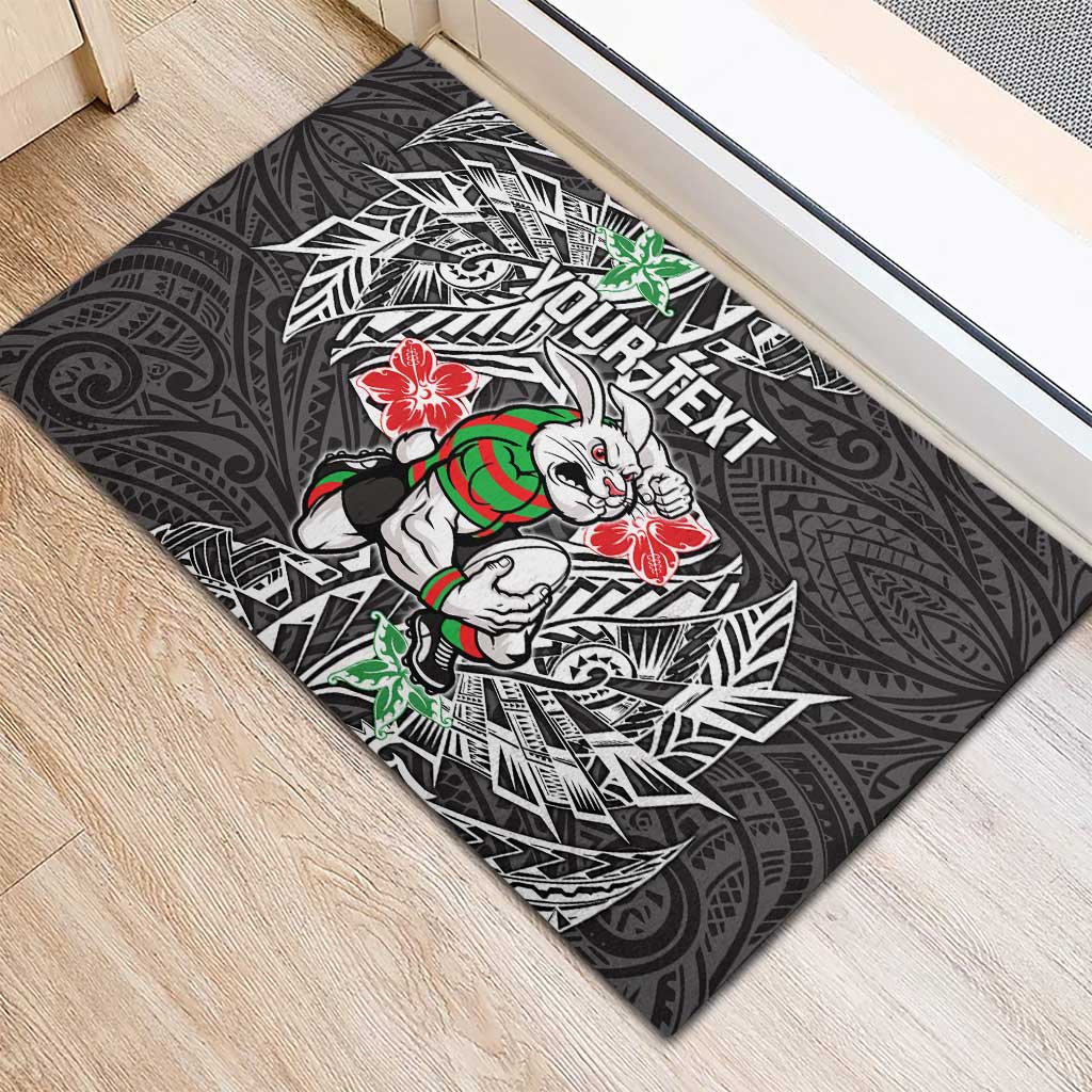 Personalised South Sydney Rabbitohs Rubber Doormat Polynesian Tribal Pattern With Rugby Rabbit Mascot Art