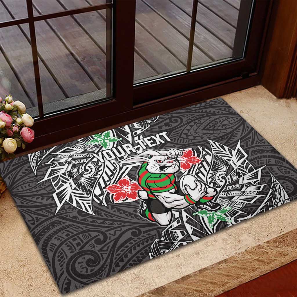 Personalised South Sydney Rabbitohs Rubber Doormat Polynesian Tribal Pattern With Rugby Rabbit Mascot Art