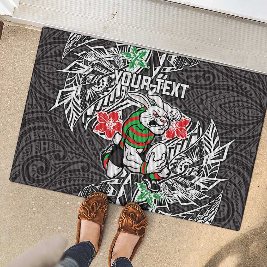 Personalised South Sydney Rabbitohs Rubber Doormat Polynesian Tribal Pattern With Rugby Rabbit Mascot Art