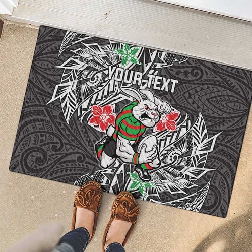 Personalised South Sydney Rabbitohs Rubber Doormat Polynesian Tribal Pattern With Rugby Rabbit Mascot Art