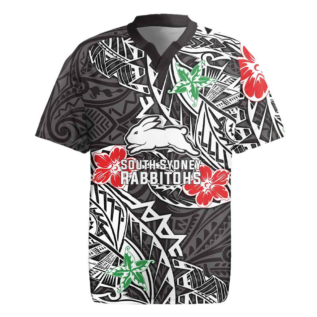 Personalised South Sydney Rabbitohs Rugby Jersey Polynesian Tribal Pattern With Rugby Rabbit Mascot Art