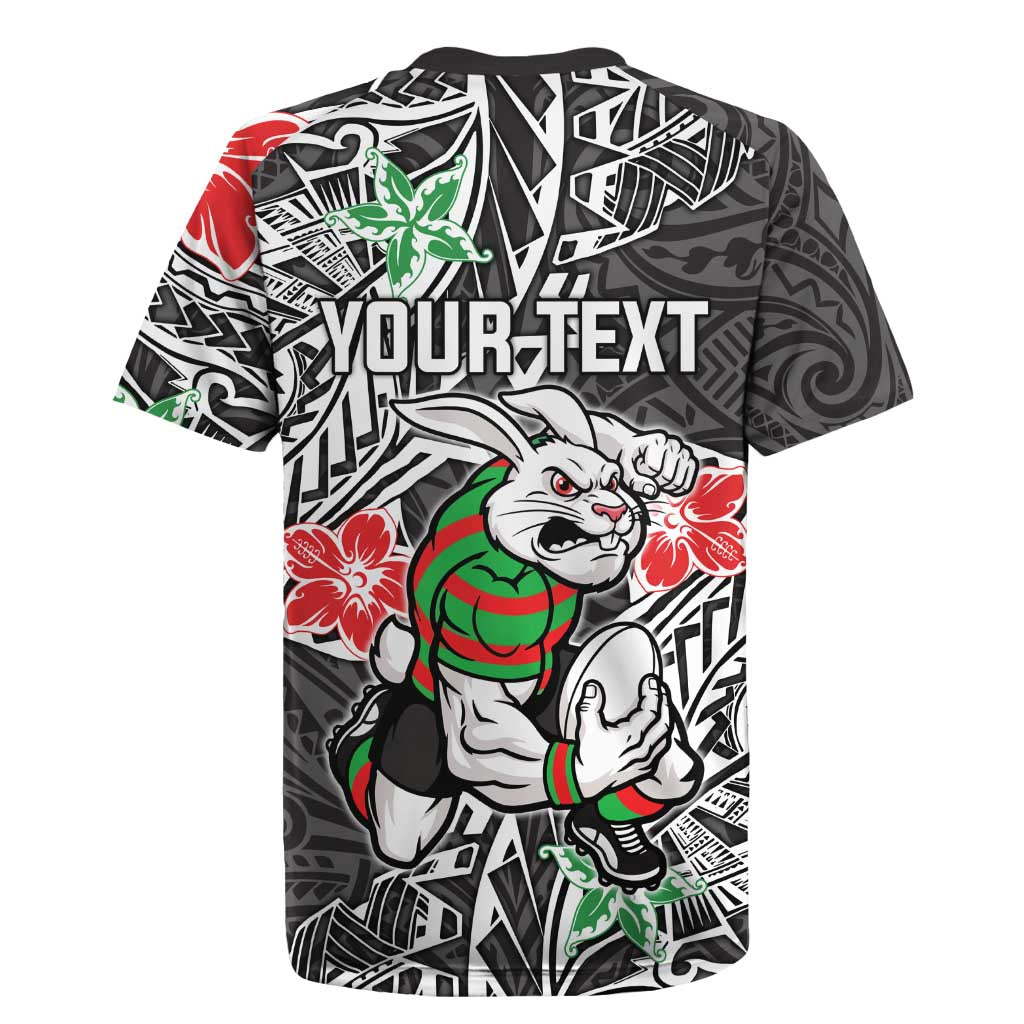 Personalised South Sydney Rabbitohs Rugby Jersey Polynesian Tribal Pattern With Rugby Rabbit Mascot Art
