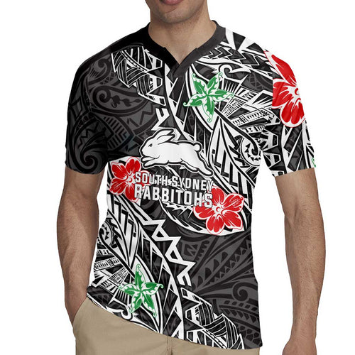 Personalised South Sydney Rabbitohs Rugby Jersey Polynesian Tribal Pattern With Rugby Rabbit Mascot Art