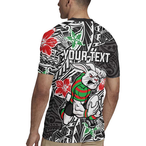 Personalised South Sydney Rabbitohs Rugby Jersey Polynesian Tribal Pattern With Rugby Rabbit Mascot Art