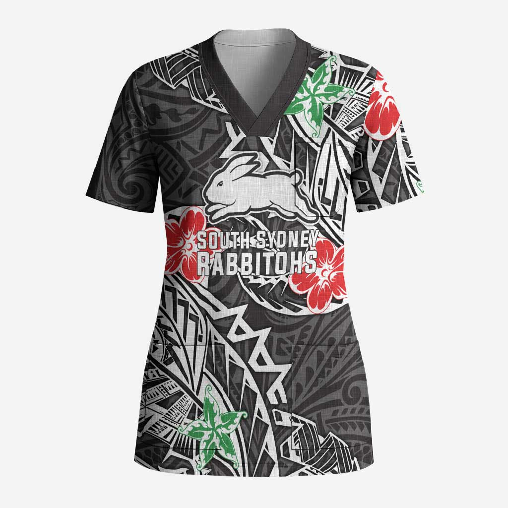 Personalised South Sydney Rabbitohs Scrub Top Polynesian Tribal Pattern With Rugby Rabbit Mascot Art
