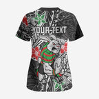 Personalised South Sydney Rabbitohs Scrub Top Polynesian Tribal Pattern With Rugby Rabbit Mascot Art
