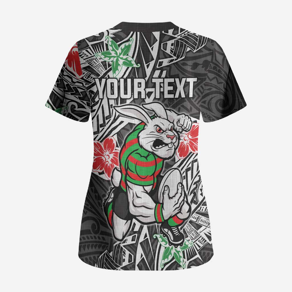 Personalised South Sydney Rabbitohs Scrub Top Polynesian Tribal Pattern With Rugby Rabbit Mascot Art