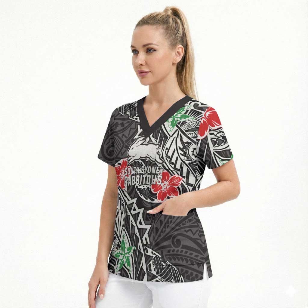 Personalised South Sydney Rabbitohs Scrub Top Polynesian Tribal Pattern With Rugby Rabbit Mascot Art