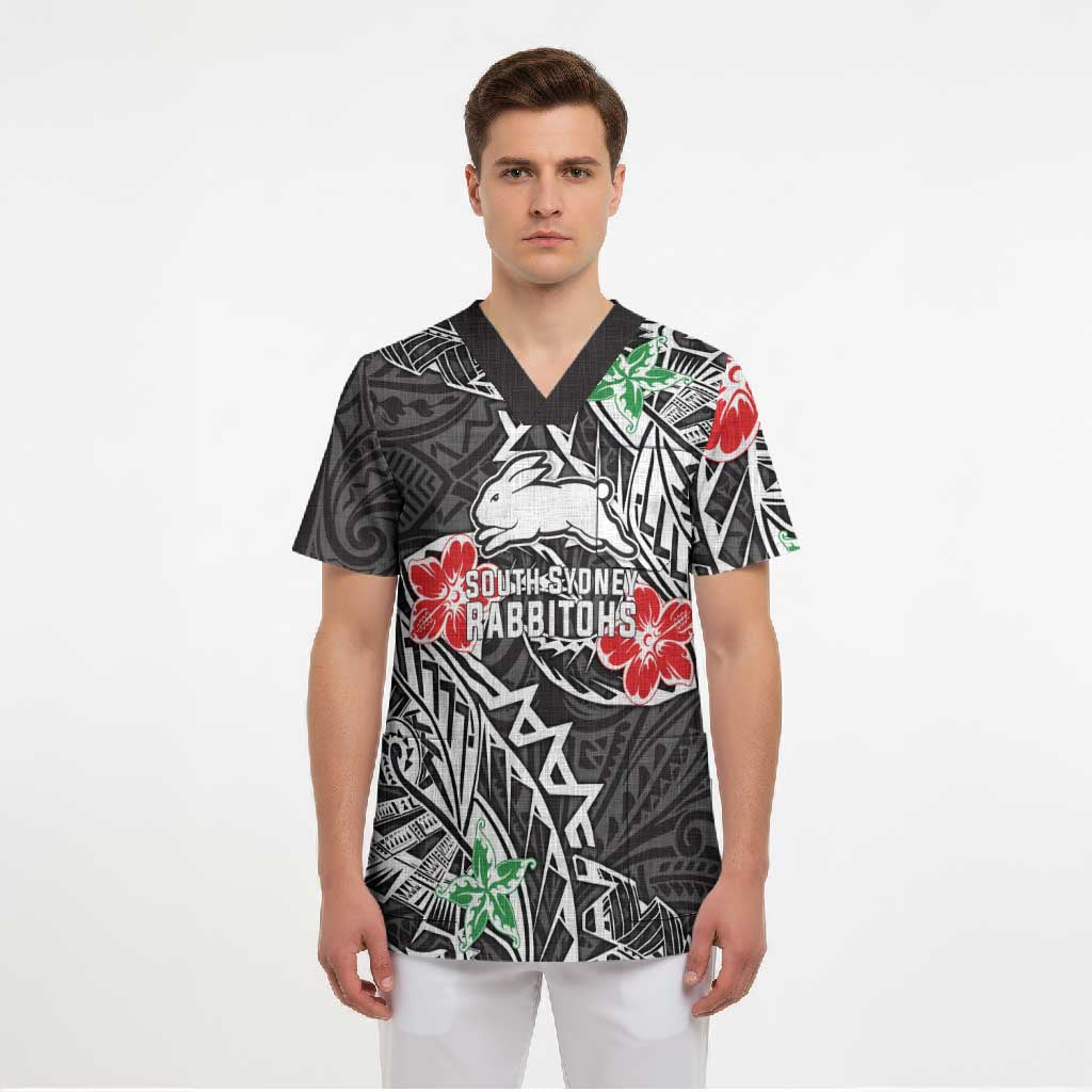 Personalised South Sydney Rabbitohs Scrub Top Polynesian Tribal Pattern With Rugby Rabbit Mascot Art
