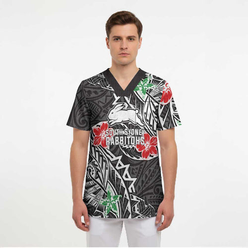 Personalised South Sydney Rabbitohs Scrub Top Polynesian Tribal Pattern With Rugby Rabbit Mascot Art