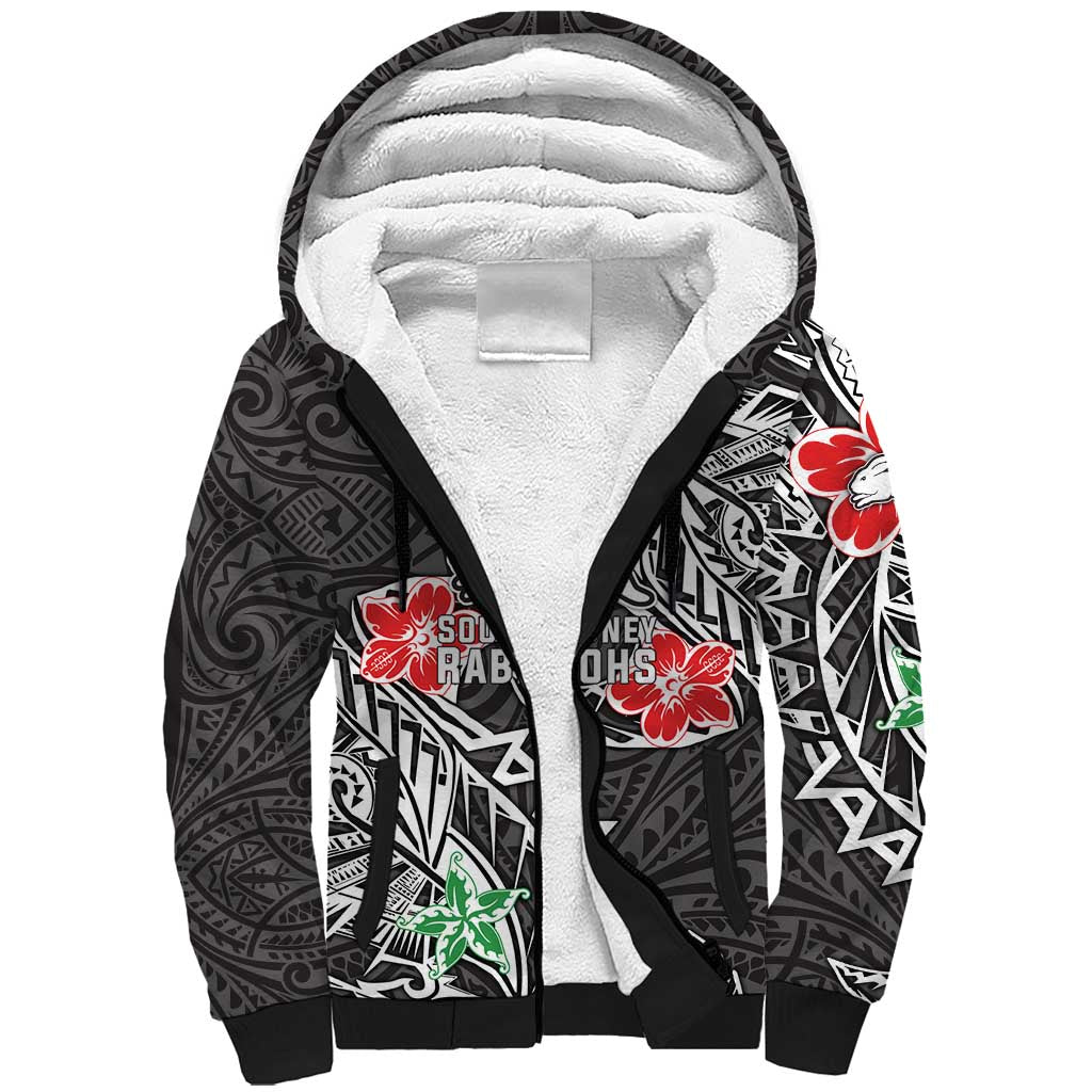 Personalised South Sydney Rabbitohs Sherpa Hoodie Polynesian Tribal Pattern With Rugby Rabbit Mascot Art