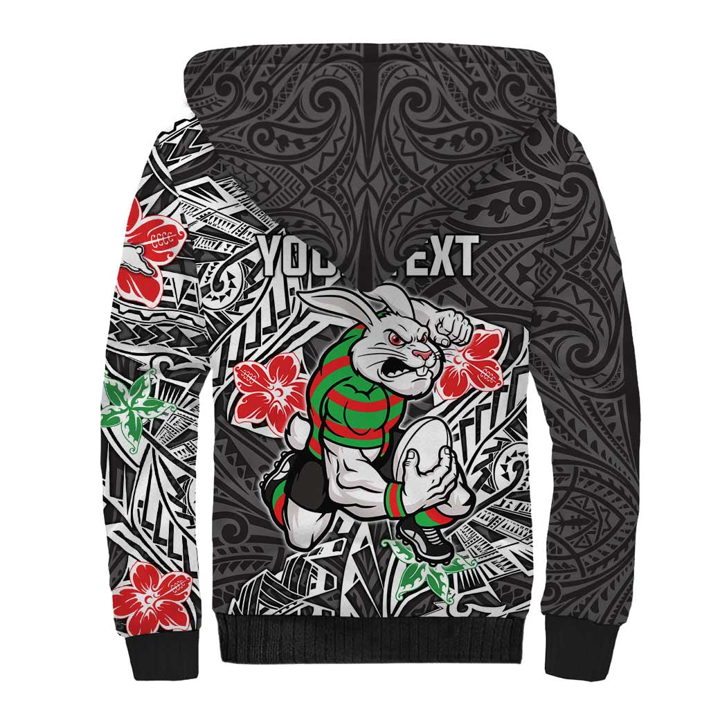 Personalised South Sydney Rabbitohs Sherpa Hoodie Polynesian Tribal Pattern With Rugby Rabbit Mascot Art