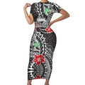 Personalised South Sydney Rabbitohs Short Sleeve Bodycon Dress Polynesian Tribal Pattern With Rugby Rabbit Mascot Art