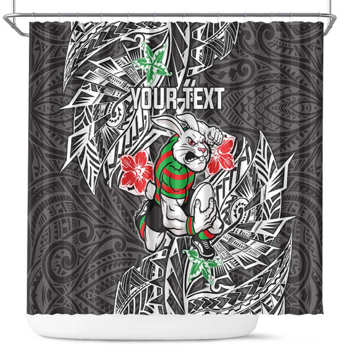 Personalised South Sydney Rabbitohs Shower Curtain Polynesian Tribal Pattern With Rugby Rabbit Mascot Art