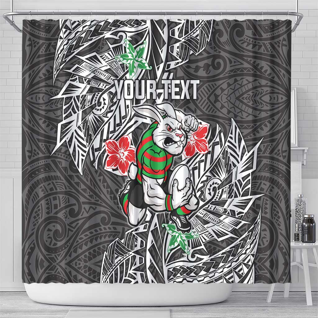 Personalised South Sydney Rabbitohs Shower Curtain Polynesian Tribal Pattern With Rugby Rabbit Mascot Art