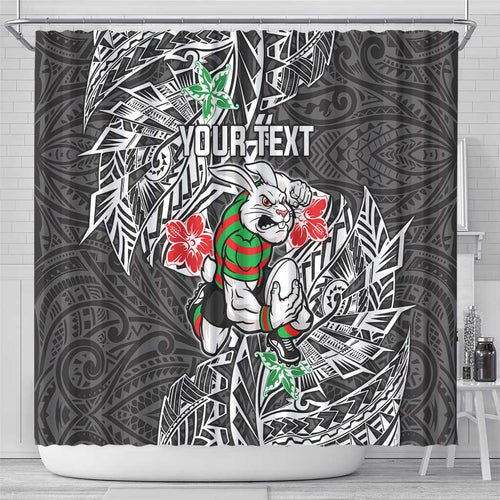 Personalised South Sydney Rabbitohs Shower Curtain Polynesian Tribal Pattern With Rugby Rabbit Mascot Art