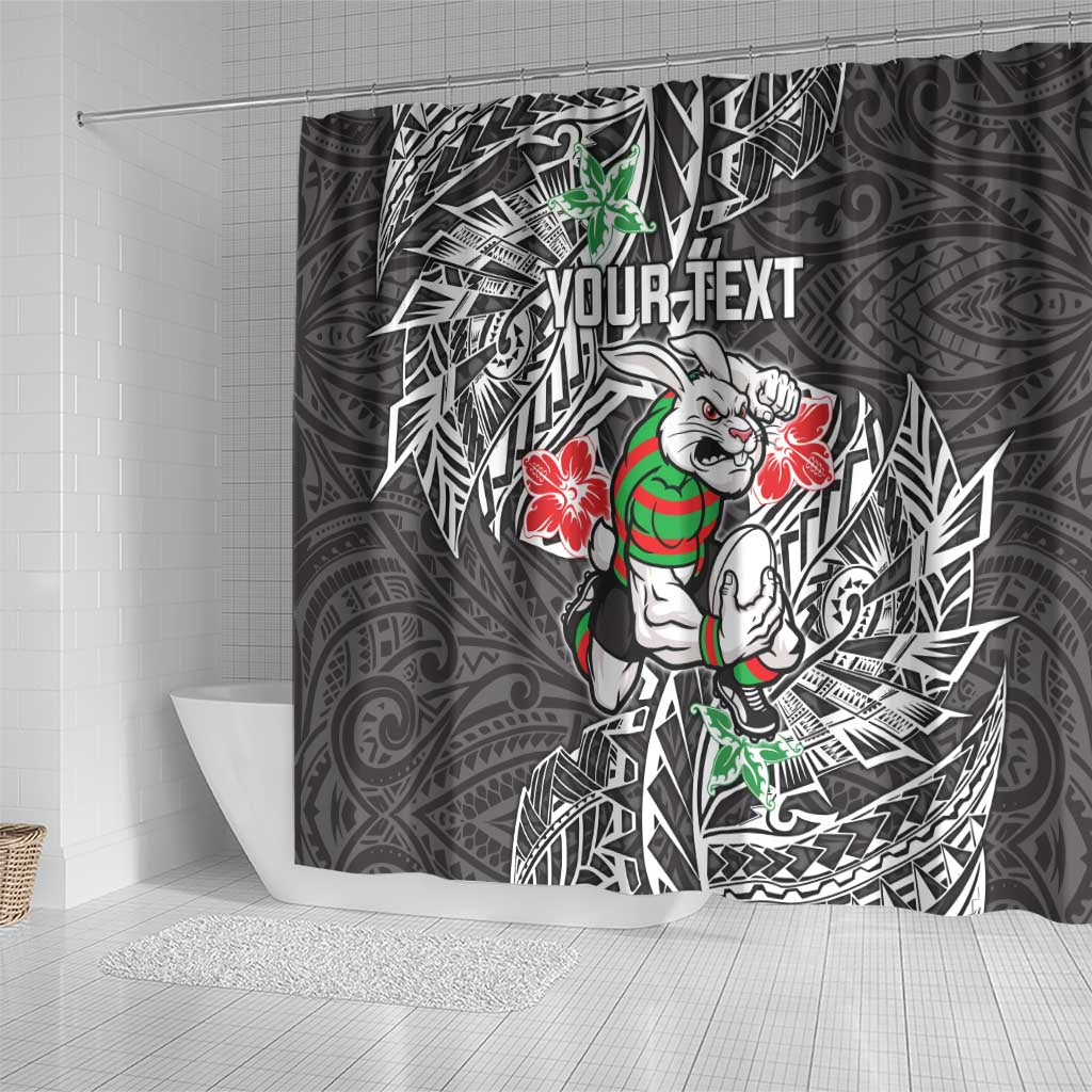 Personalised South Sydney Rabbitohs Shower Curtain Polynesian Tribal Pattern With Rugby Rabbit Mascot Art