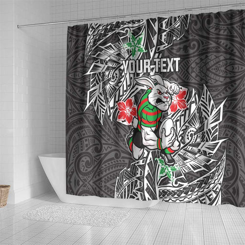 Personalised South Sydney Rabbitohs Shower Curtain Polynesian Tribal Pattern With Rugby Rabbit Mascot Art