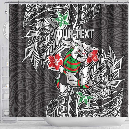 Personalised South Sydney Rabbitohs Shower Curtain Polynesian Tribal Pattern With Rugby Rabbit Mascot Art