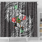 Personalised South Sydney Rabbitohs Shower Curtain Polynesian Tribal Pattern With Rugby Rabbit Mascot Art