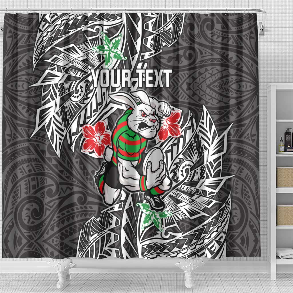 Personalised South Sydney Rabbitohs Shower Curtain Polynesian Tribal Pattern With Rugby Rabbit Mascot Art