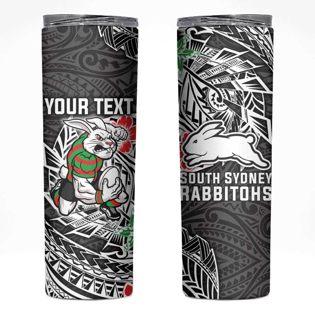 Personalised South Sydney Rabbitohs Skinny Tumbler Polynesian Tribal Pattern With Rugby Rabbit Mascot Art