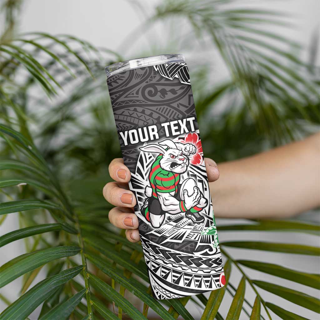 Personalised South Sydney Rabbitohs Skinny Tumbler Polynesian Tribal Pattern With Rugby Rabbit Mascot Art