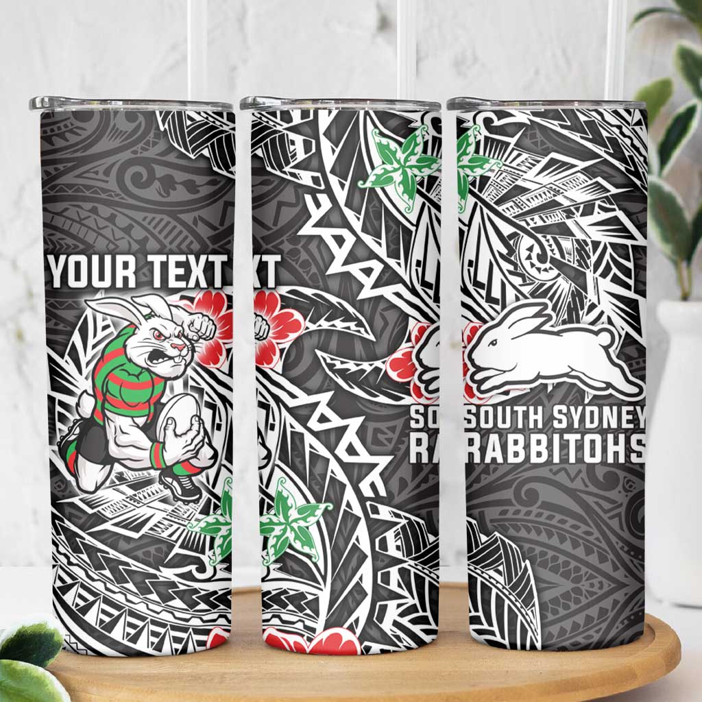 Personalised South Sydney Rabbitohs Skinny Tumbler Polynesian Tribal Pattern With Rugby Rabbit Mascot Art