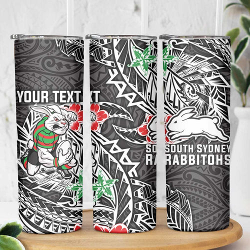 Personalised South Sydney Rabbitohs Skinny Tumbler Polynesian Tribal Pattern With Rugby Rabbit Mascot Art