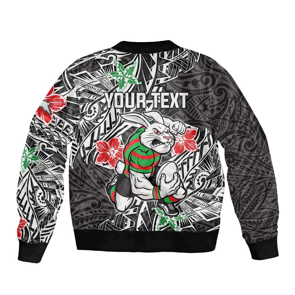 Personalised South Sydney Rabbitohs Sleeve Zip Bomber Jacket Polynesian Tribal Pattern With Rugby Rabbit Mascot Art