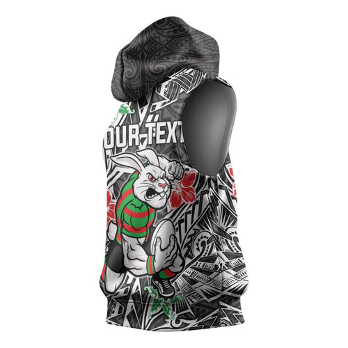 Personalised South Sydney Rabbitohs Sleeveless Hoodie Polynesian Tribal Pattern With Rugby Rabbit Mascot Art