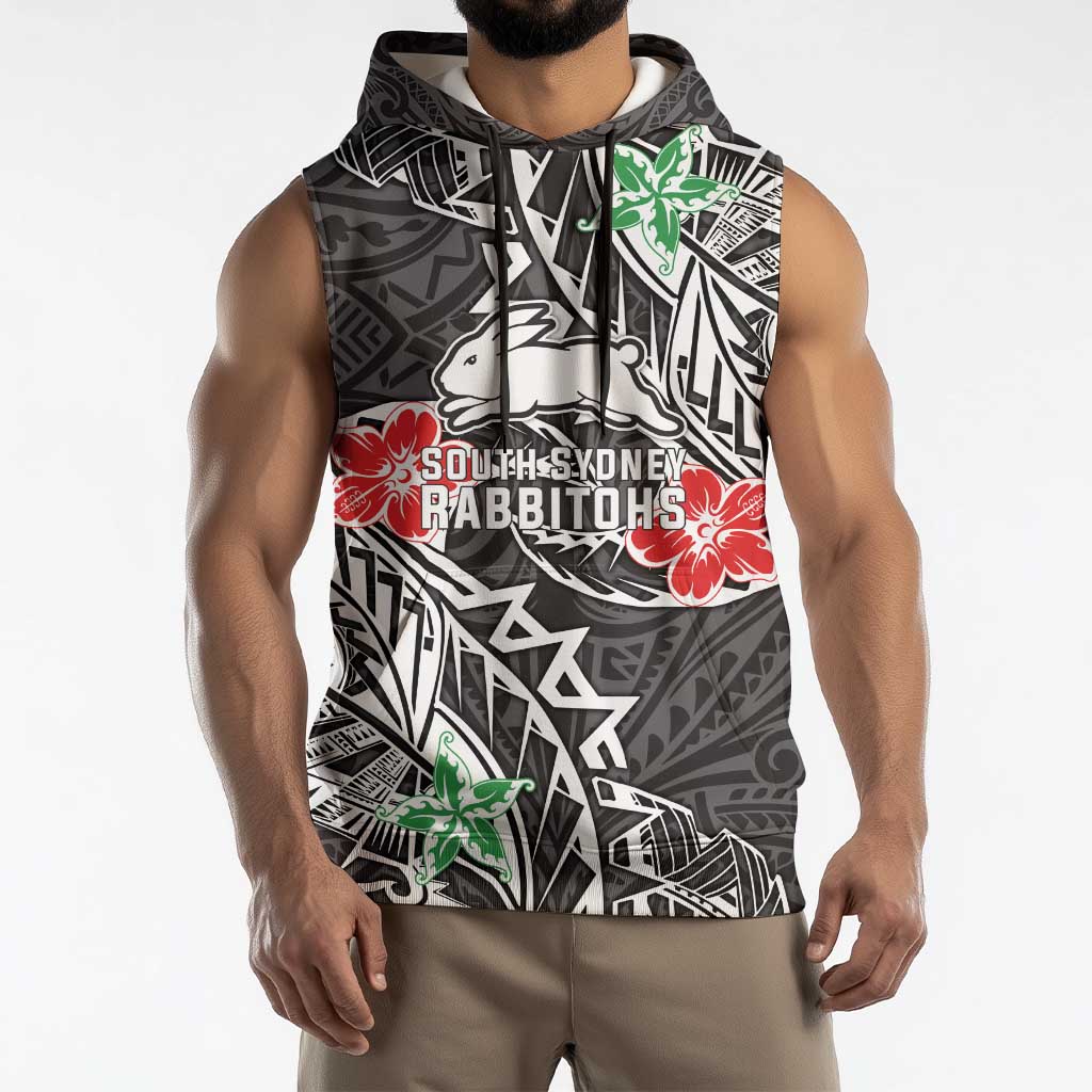 Personalised South Sydney Rabbitohs Sleeveless Hoodie Polynesian Tribal Pattern With Rugby Rabbit Mascot Art