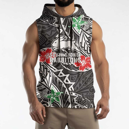 Personalised South Sydney Rabbitohs Sleeveless Hoodie Polynesian Tribal Pattern With Rugby Rabbit Mascot Art