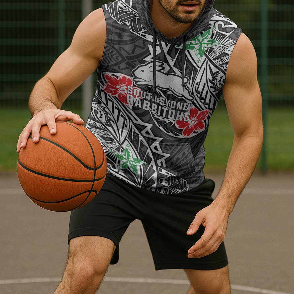 Personalised South Sydney Rabbitohs Sleeveless Hoodie Polynesian Tribal Pattern With Rugby Rabbit Mascot Art
