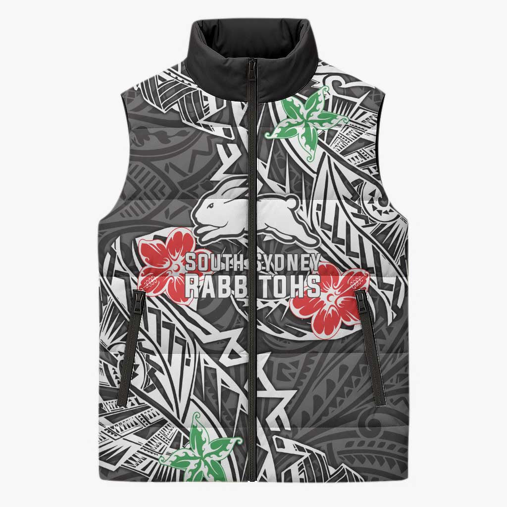 Personalised South Sydney Rabbitohs Sleeveless Puffer Jacket Polynesian Tribal Pattern With Rugby Rabbit Mascot Art