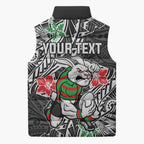 Personalised South Sydney Rabbitohs Sleeveless Puffer Jacket Polynesian Tribal Pattern With Rugby Rabbit Mascot Art