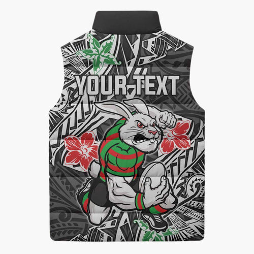 Personalised South Sydney Rabbitohs Sleeveless Puffer Jacket Polynesian Tribal Pattern With Rugby Rabbit Mascot Art