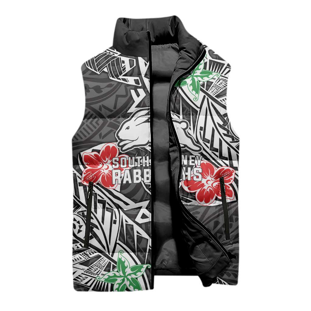 Personalised South Sydney Rabbitohs Sleeveless Puffer Jacket Polynesian Tribal Pattern With Rugby Rabbit Mascot Art