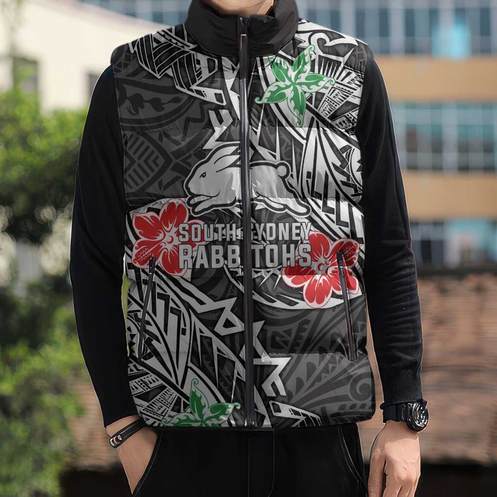 Personalised South Sydney Rabbitohs Sleeveless Puffer Jacket Polynesian Tribal Pattern With Rugby Rabbit Mascot Art
