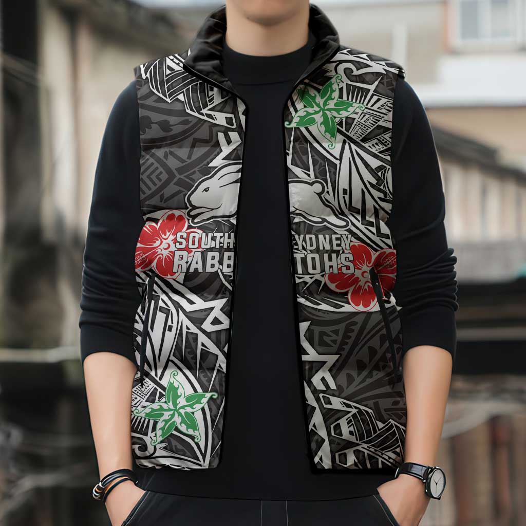 Personalised South Sydney Rabbitohs Sleeveless Puffer Jacket Polynesian Tribal Pattern With Rugby Rabbit Mascot Art