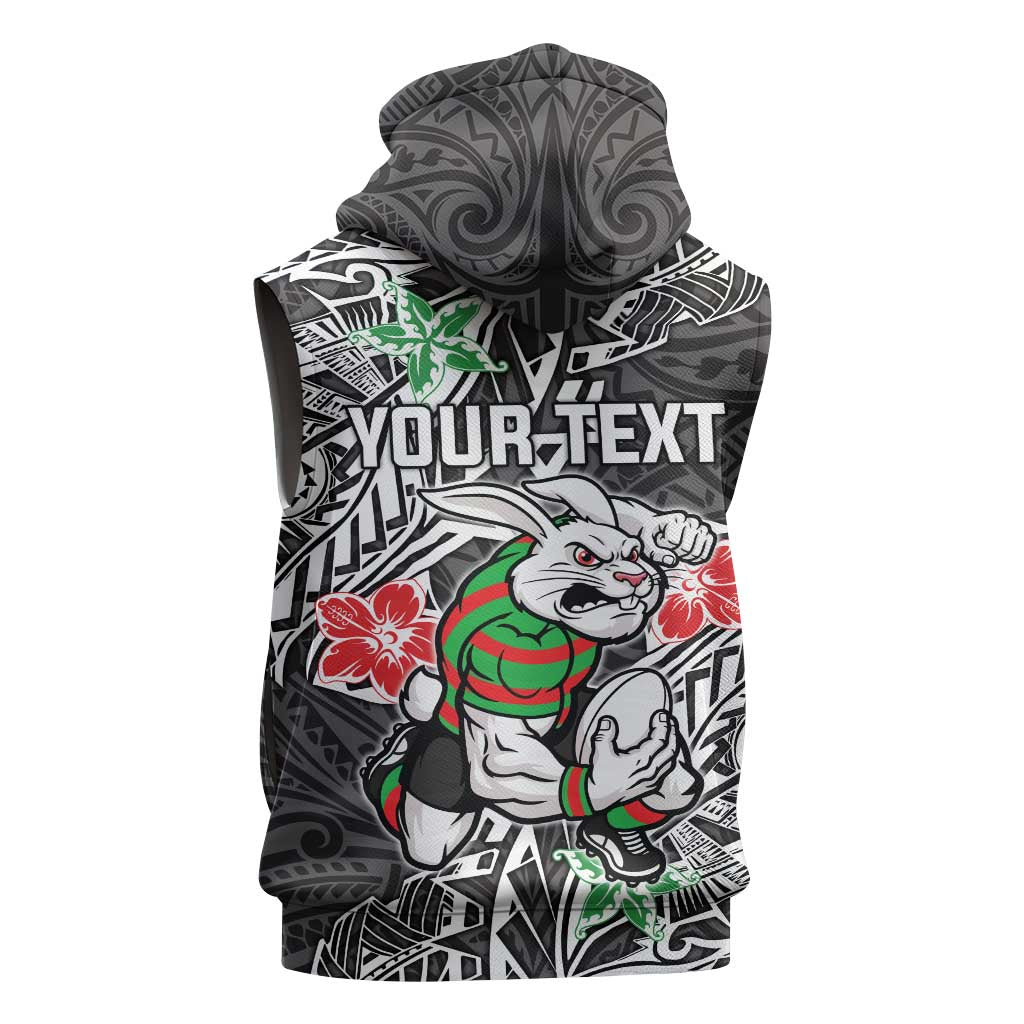 Personalised South Sydney Rabbitohs Sleeveless Zip Hoodie Polynesian Tribal Pattern With Rugby Rabbit Mascot Art