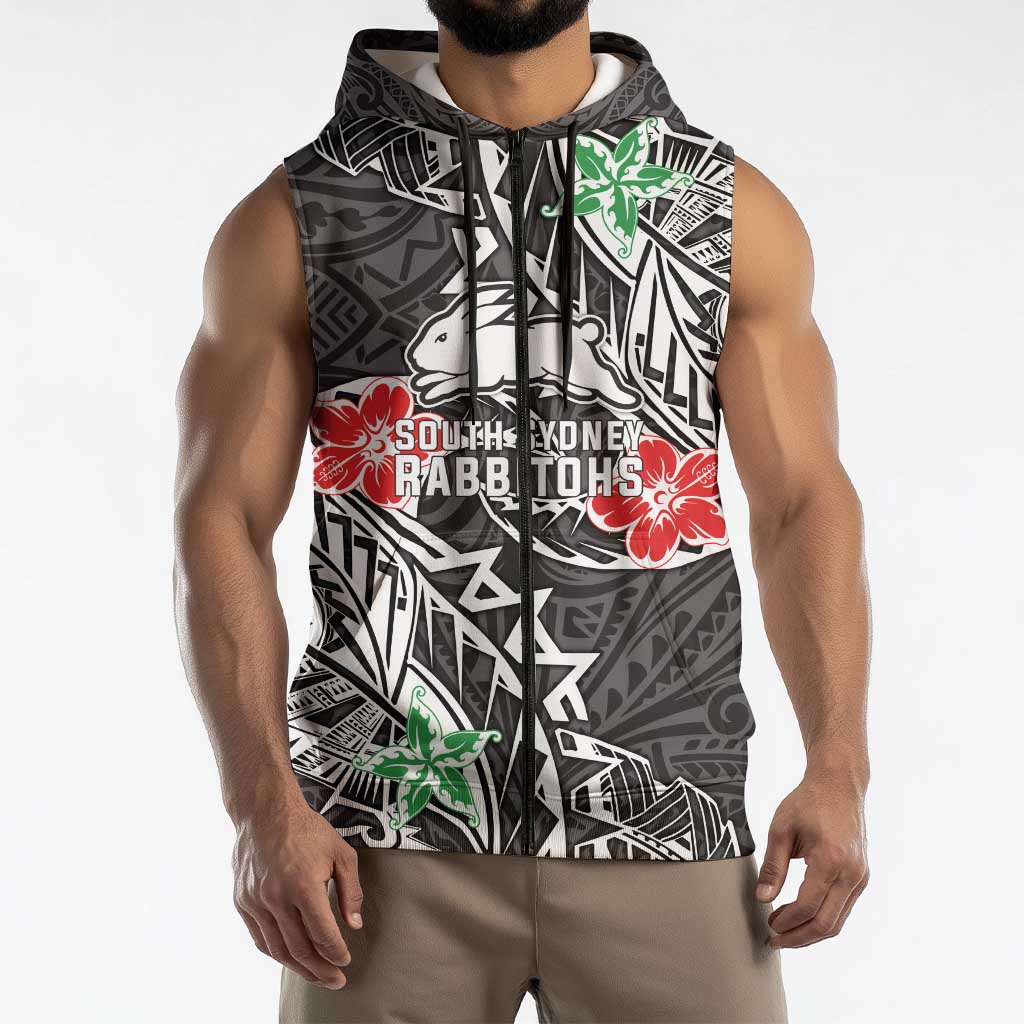 Personalised South Sydney Rabbitohs Sleeveless Zip Hoodie Polynesian Tribal Pattern With Rugby Rabbit Mascot Art