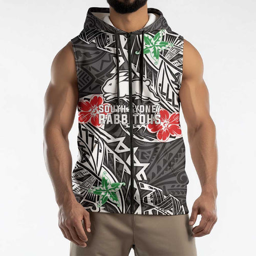 Personalised South Sydney Rabbitohs Sleeveless Zip Hoodie Polynesian Tribal Pattern With Rugby Rabbit Mascot Art