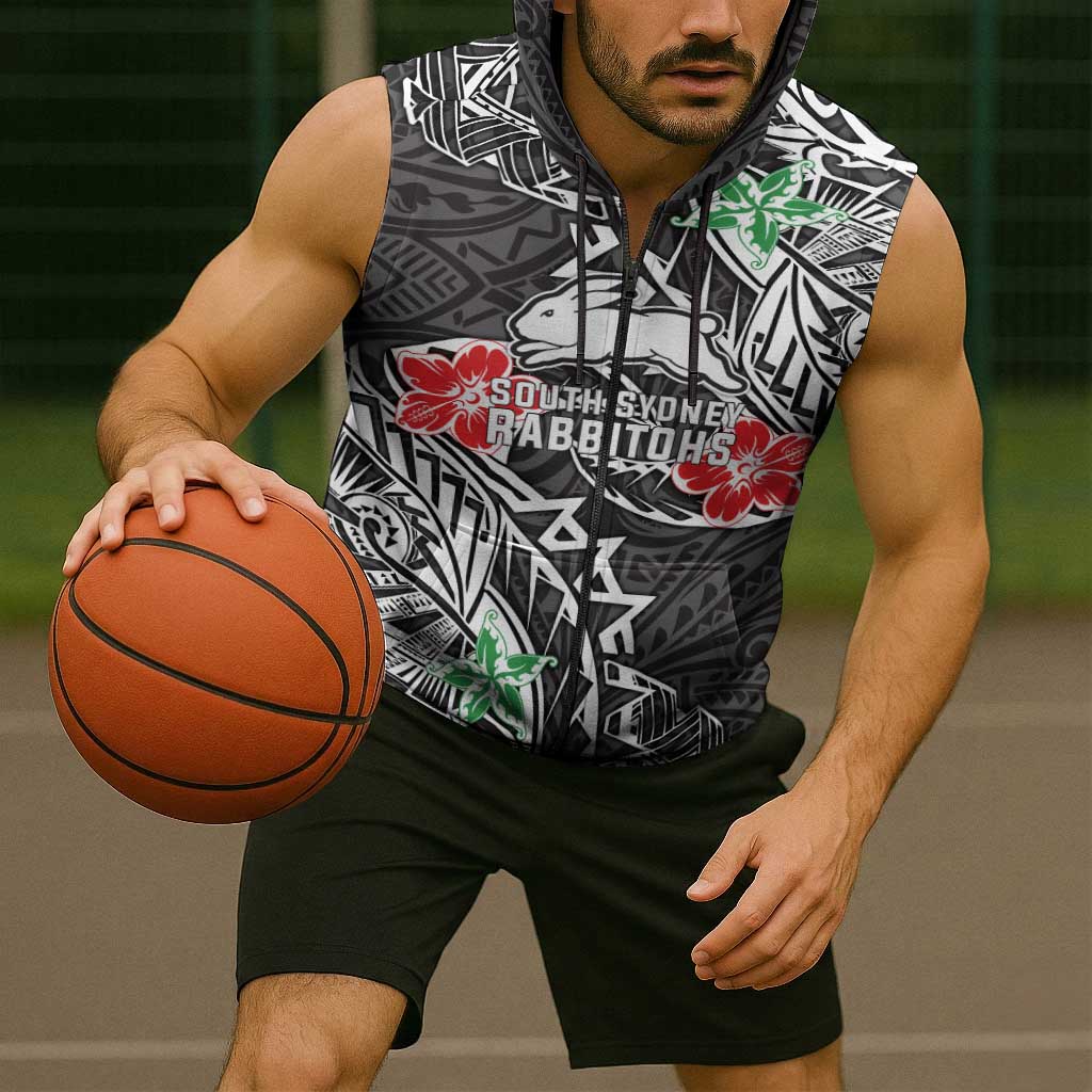 Personalised South Sydney Rabbitohs Sleeveless Zip Hoodie Polynesian Tribal Pattern With Rugby Rabbit Mascot Art