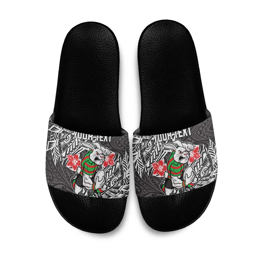 Personalised South Sydney Rabbitohs Slide Sandals Polynesian Tribal Pattern With Rugby Rabbit Mascot Art