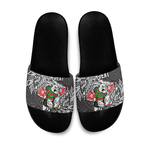 Personalised South Sydney Rabbitohs Slide Sandals Polynesian Tribal Pattern With Rugby Rabbit Mascot Art