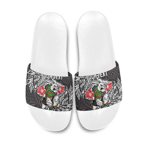 Personalised South Sydney Rabbitohs Slide Sandals Polynesian Tribal Pattern With Rugby Rabbit Mascot Art
