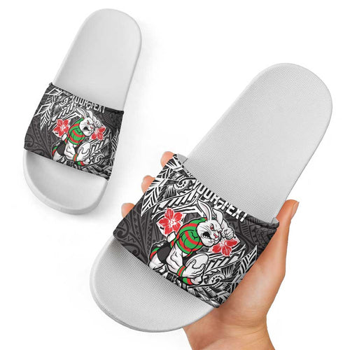 Personalised South Sydney Rabbitohs Slide Sandals Polynesian Tribal Pattern With Rugby Rabbit Mascot Art