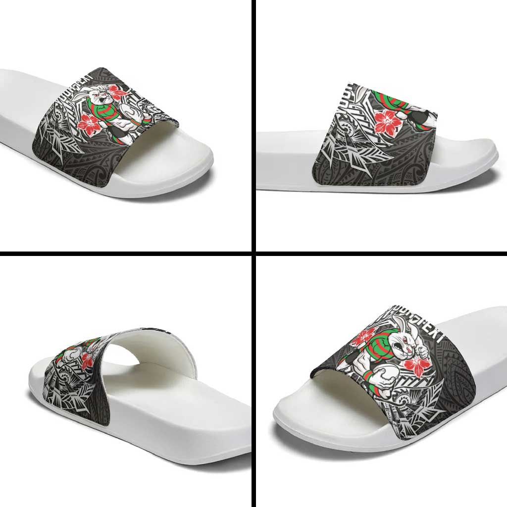 Personalised South Sydney Rabbitohs Slide Sandals Polynesian Tribal Pattern With Rugby Rabbit Mascot Art